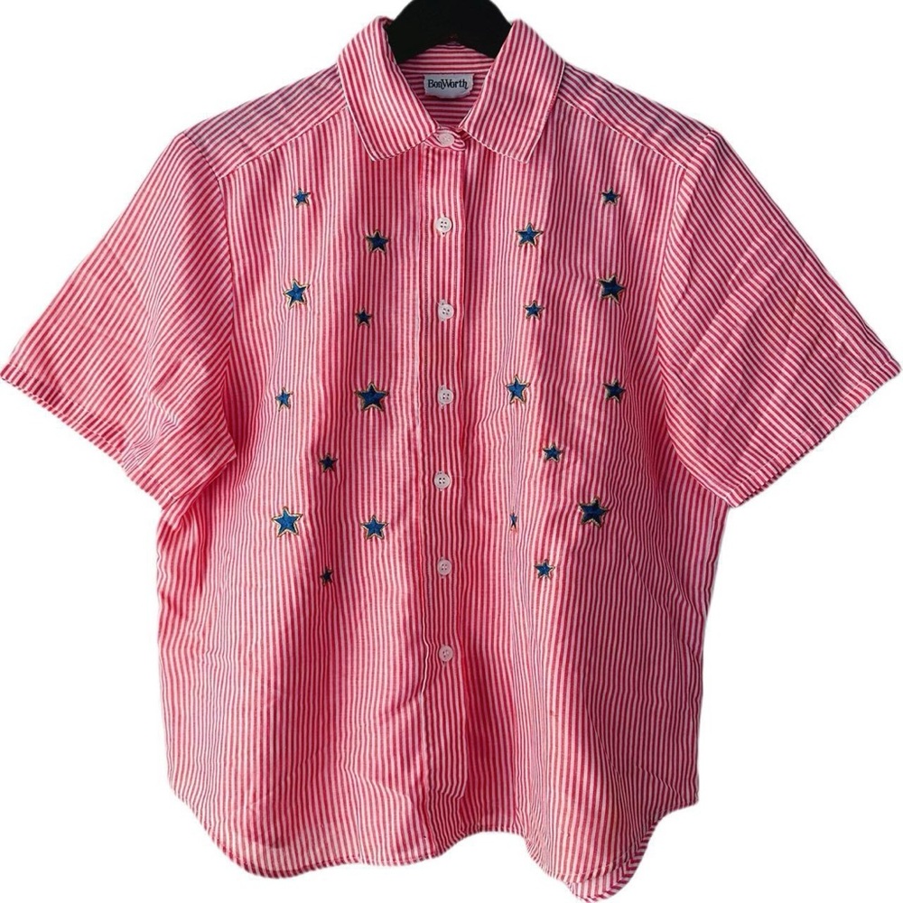 Vintage 90s Bonworth Stripes & Stars Spangled Boxy Button Shirt Fourth of July